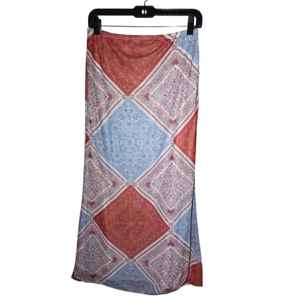 See You Monday Red Blue Hanky Heart Print Stretch Straight Maxi Skirt S/M NWT - Picture 3 of 9